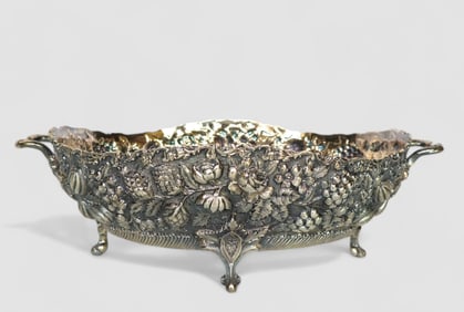 Rare Loring Andrews Sterling Silver Double Handle Fruit Repousse Footed Bowl
