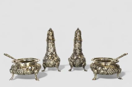 Loring Andrews Sterling Silver Repousse Salt & Pepper "Grapevine" Grouping