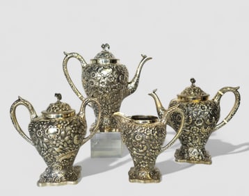 Loring Andrews Sterling Silver Fruit & Floral Repousse Coffee & Tea Service