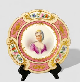 19th Century Porcelain Portrait Plate with Gilt Floral Border