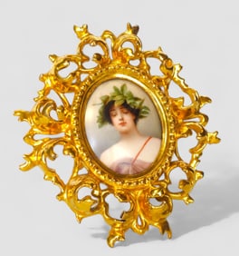 19th Century German Porcelain Cabinet Plaque Lady Wearing Wreath, Giltwood Frame