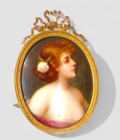 German Miniature Porcelain Portrait Plaque of Lady with Flower, Erbluht