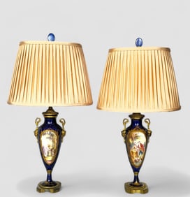 19th Century French Sevres Porcelain Ormolu Mounted Bronze Table Lamps