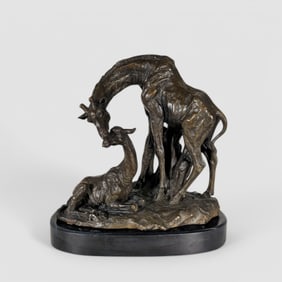 BC Xheng (20th Century) Bronze Sculpture, Mother Giraffe & Her Calf