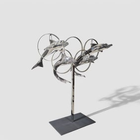 Daum "Dauphins Jouant" French Crystal & Polished Aluminum
