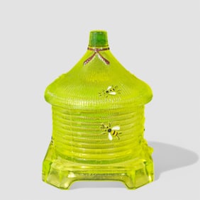 Boyd Uranium (Vaseline) Glass Bee Hive Candy Dish/ Honey Jar