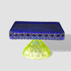 Fenton Uranium (Vaseline) Glass & Cobalt Blue Cake Stand