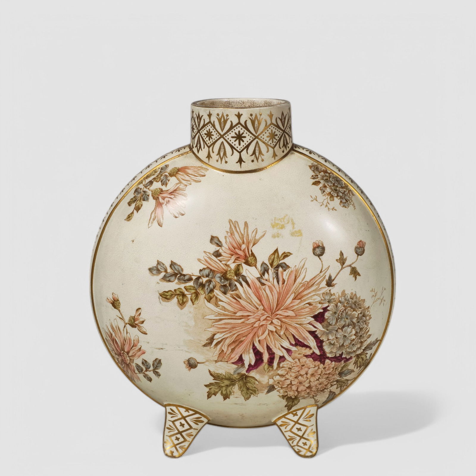 Royal Crown Derby Porcelain Footed Vase: Royal Crown Derby Porcelain Footed Vase, circa 1891. Shaped like a pilgrim flask. 10 1/2w x 5 1/4d x 11 3/4h