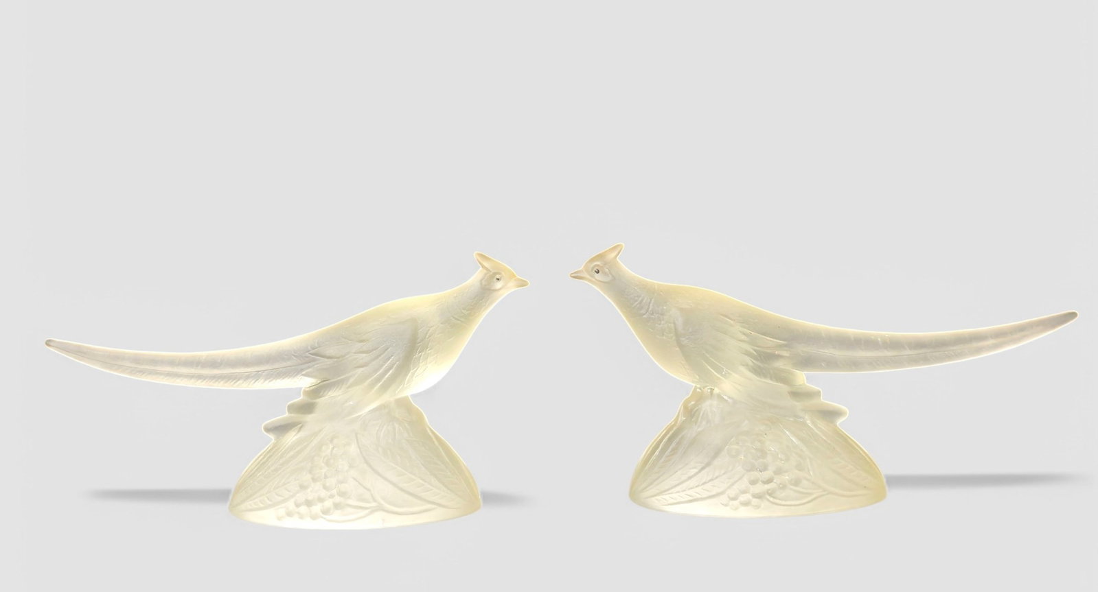 K.R. Haley Kemple/ Kemple Wheaton Frosten Glass Pheasants: Frosted glass pheasants, pair, USA, 1950's. Kemple Glass Co. 11w x 3 3/4d x 5 1/2h