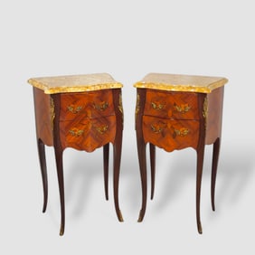 French Marquant Louis XV Marquetry Marble Top Nightstands