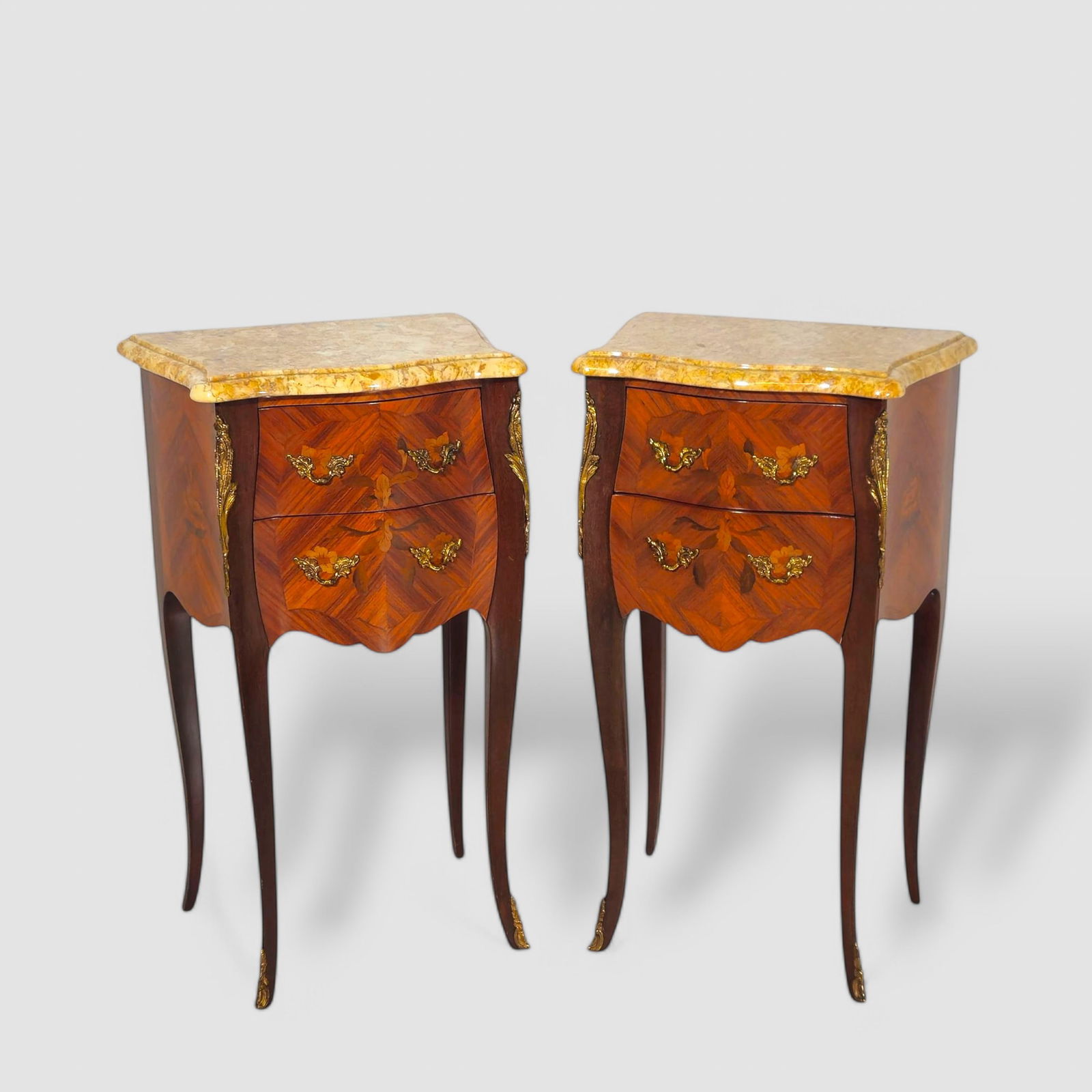 French Marquant Louis XV Marquetry Marble Top Nightstands (1 of 14)