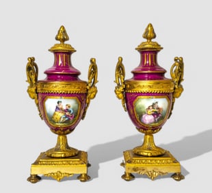 French Porcelain & Bronze Mounted Urns