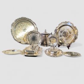 Assembled Silver on Copper Trays & Serving Pieces