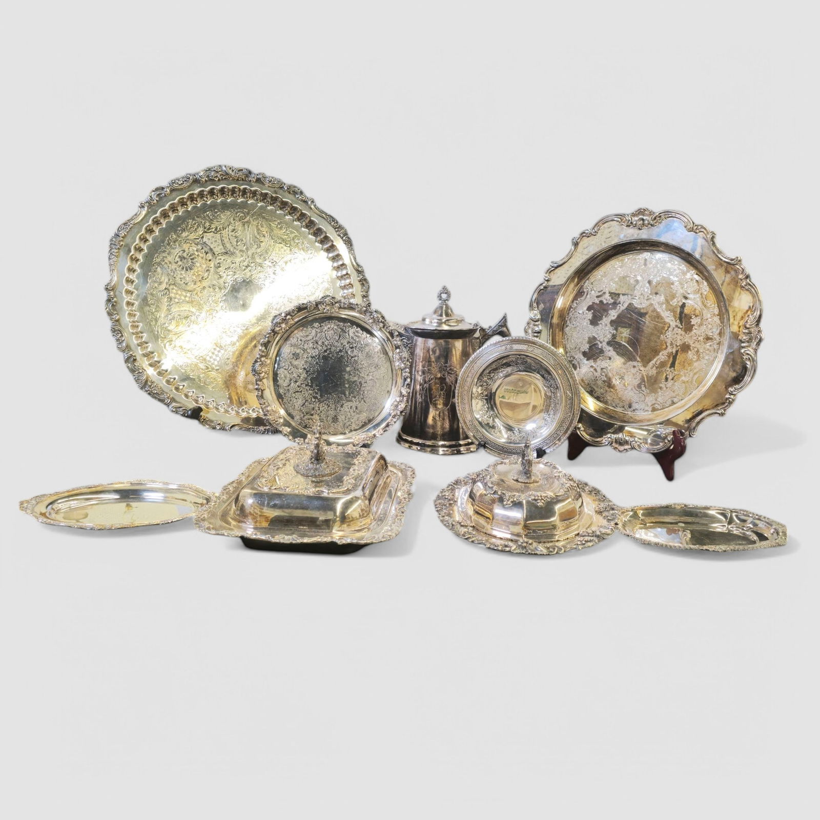 Assembled Silver on Copper Trays & Serving Pieces (1 of 19)