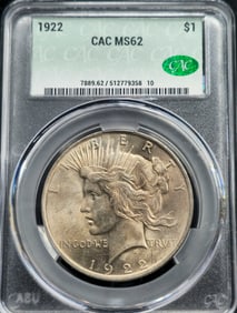 1922 Peace Silver Dollar MS 62 CAC Toned