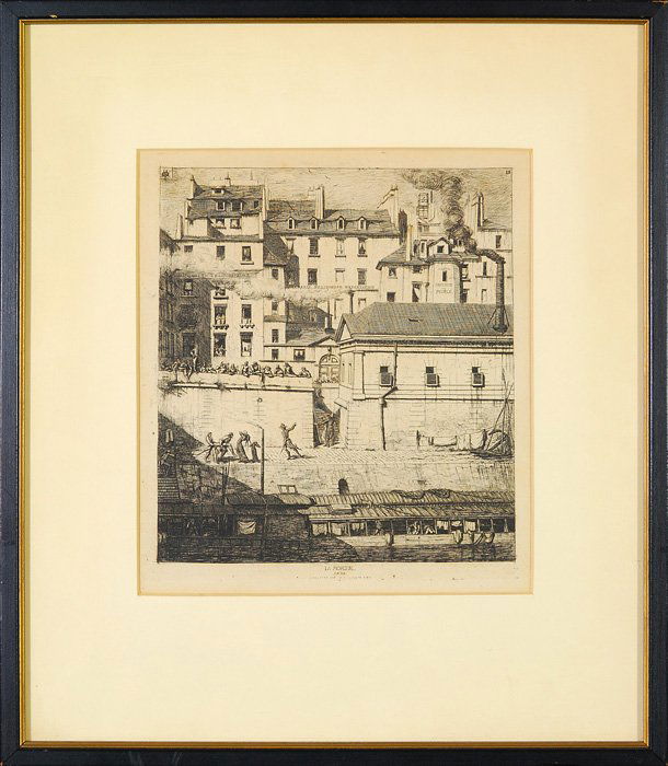 Charles Meryon, 1821-1868: "La Morgue" etching. Taken out of frame and checked. Gray laid paper. 1850. Size 9.5 x 8.25.