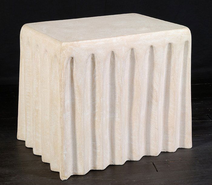 In the manner of John Dickinson: Plaster occasional table made to look like a draping table cloth on all four sides. Private collection, Trade Winds. 26L x 20W x 22H.