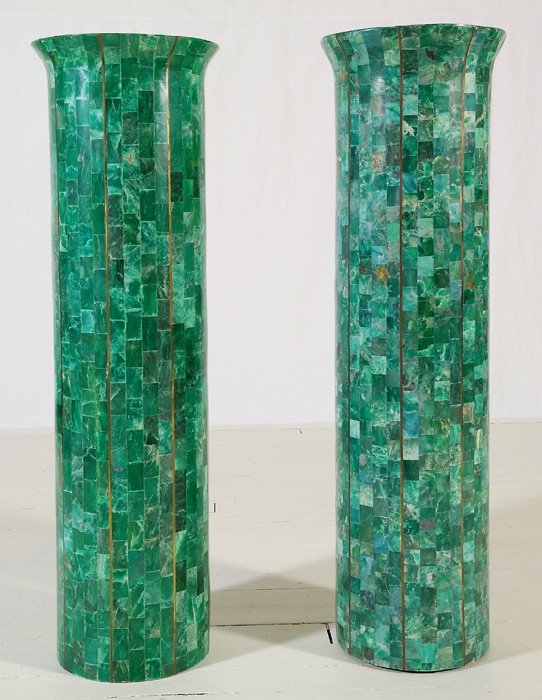 Maitland Smith: Outstanding faux jade tile pedestals. Brass inlaid top and sides. Very elegant, original label.