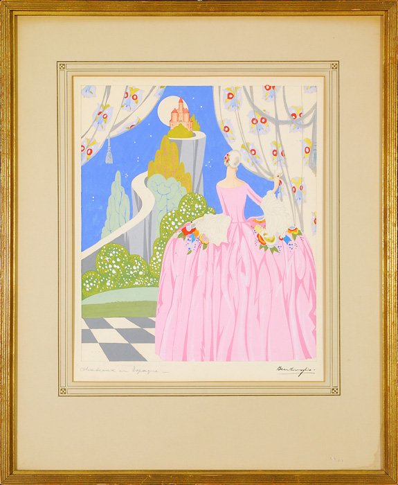 Gaetano Bentivoglio: Gouache of elegant lady looking out of a window at a castle. Signed LR. Size 15 x 12.25.