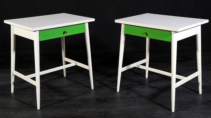 Paul McCobb: Pair of one drawer "Planner Group" bedside stands. Special ordered in white and mint green finish.