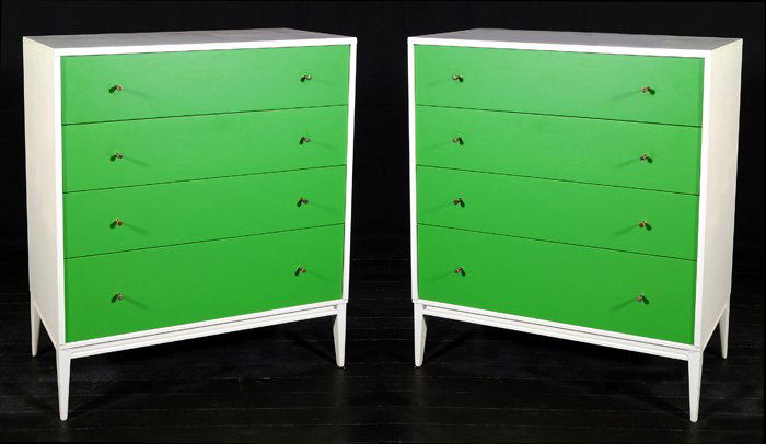 Paul McCobb: Pair of four drawer "Planner Group" chests. Brass golf tee pulls, special ordered in white and mint green finish. Original label, Manufactured by Winchendon Furniture Company. 36W x 18.25D x 42.5H