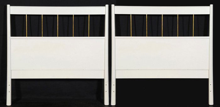 Paul McCobb: Pair of "Planner Group" twin headboards,(could be put together as king.) Factory white and brass rods. These beds are a hard item to find, label. Manufactured by Winchendon Furniture Company. Size 38W