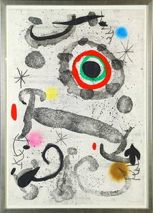 Joan Miro (1893-1983 Spain): Original abstract lithograph, pencil signed LR and numbered 32/75. Framed under glass. Estate of Dr. Maurice Marsh. Size 41 x 28.25