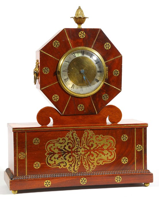 French Shelf Clock: Unusual inlaid clock in mahogany, inlaid with brass, silvered dial with Roman numerals. Brass spring driven movement marked "VAP" over "Brevet" over "S.G. D.G." Size 13X 4.75 x 16.5H