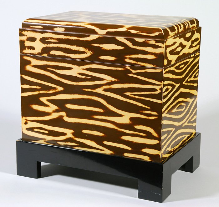 Karl Springer: Outstanding chocolate brown and ivory lacquered box on stand, suede interior, black lacquered base. Private collection from Amberley Village, Cincinnati, Ohio. Ordered through. Eugene Lawrence, Trade 