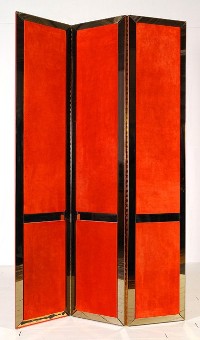 Karl Springer: Three panel room dividers, burnt orange, lacquered wood, suede, mirrored and brass hinges. Original cost 3000., private collection, Amberley Village. Purchased from Eugene Lawrence, Trade Winds. Size 
