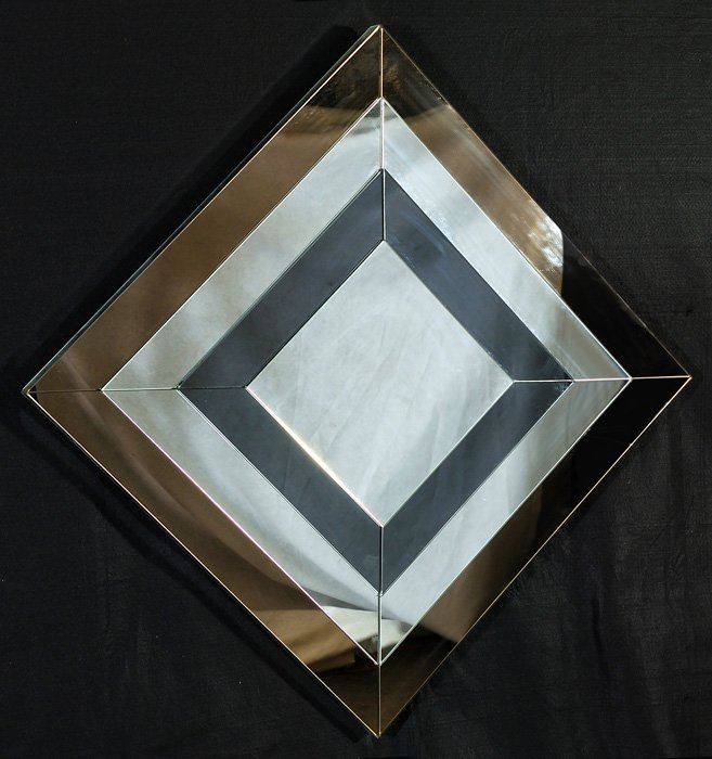 Karl Springer: Purple, lavender and mirrored glass diamond mirror. Magnificent design. Private collection, Amberley Village, Cincinnati, Ohio. Ordered through Eugene Lawrence, Trade Winds. Size 45W x 2D x45H