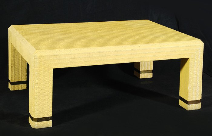 Karl Springer: Special lacquer over linen coffee table with embellished brass trim. Forty-five degree border and corners. Private collection. Amberley Village, Cincinnati, Ohio. Originally ordered through Eugene Law