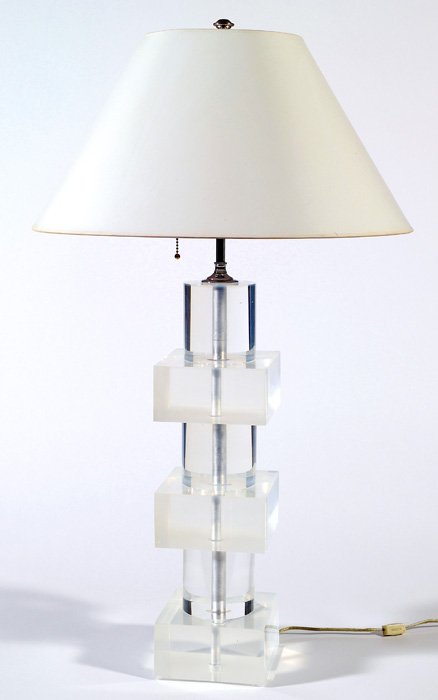 Karl Springer: Thick Lucite triple layered lamp. Lucite shaft, chrome plated accents. Ordered through Eugene Lawrence, Trade Winds. Private collection, Amberley Village, Cincinnati, Ohio. Size 34.5