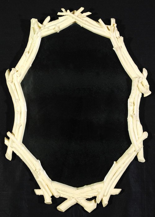 Sirmos: Outstanding nine-sided plaster mirror in form of branches and twigs. White lacquer finish. Private collection. Amberley Village, Cincinnati, Ohio. Ordered through Eugene Lawrence, Trade Winds. 33W x 1