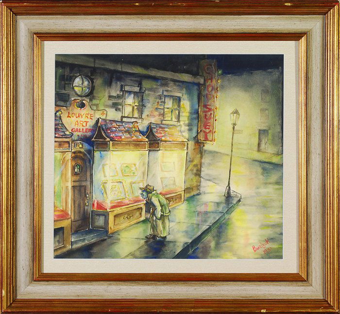 David Davidovich Burliuk (1882-1967): Delightful Watercolor of man looking in window of an art gallery. Signed LR and dated 1951. Size 17 x 18.5