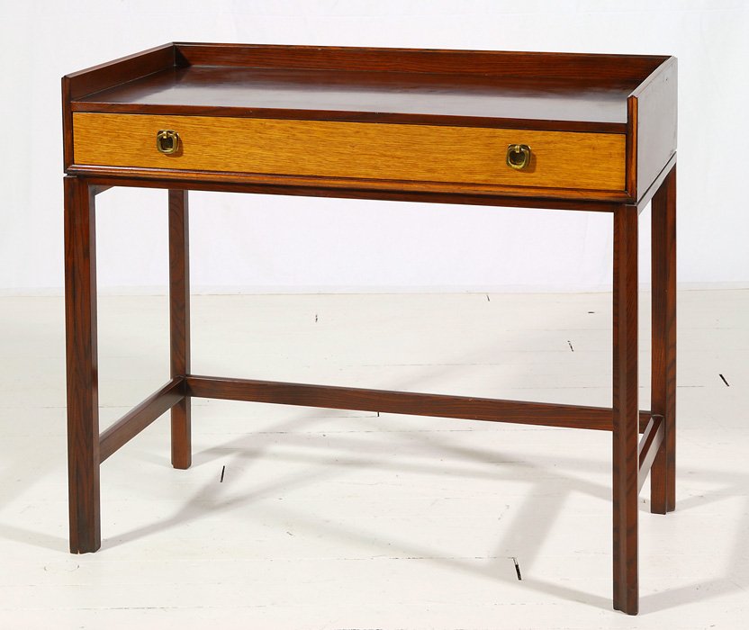 Edward Wormley: Dunbar one drawer desk/link natural English oak and rosewood #6722, original D label and order label. Former property of Dorothy Liechty, secretary for the President of Dunbar, Grover Springer. Size 3