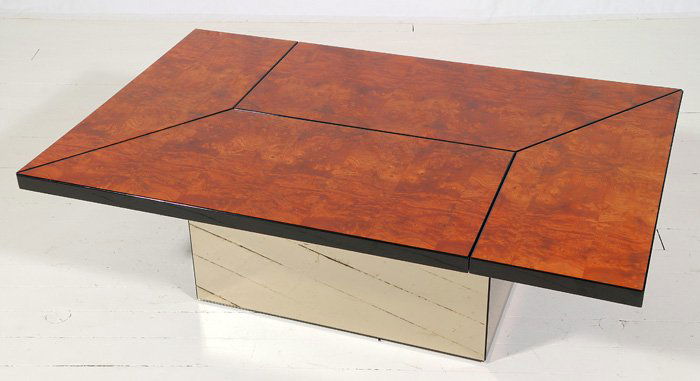 Maison Jansen (attribution): Exceptional exotic wood veneer, ebony and stainless coffee table. Opens for storage. Mirrored interior. Former property of John Safford estate. Size when closed 49L x 31.25W x 15H. Size when opened 47