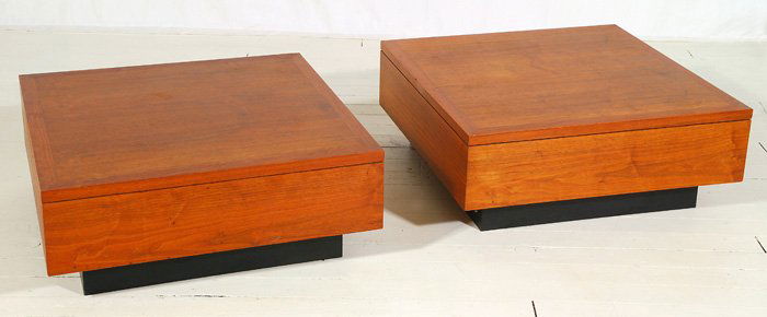 Milo Baughman: Pair of large walnut cube tables. Ebonized bases, original label on one. Thayer Coggin, High Point, North Carolina. Size - 30w x 30d x 12h.