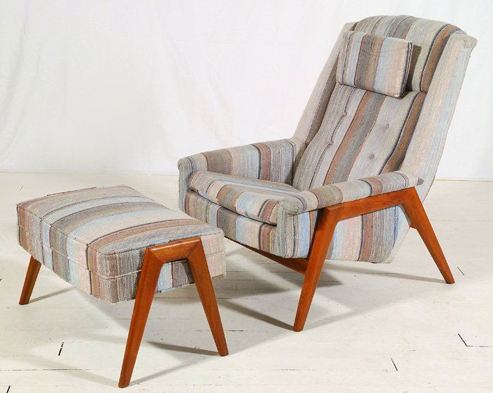 Folke Ohlsson: High back lounge chair and ottoman. Teak whale bone style frame, original upholstery. Size 27.5W x 37D x 37.5H.
