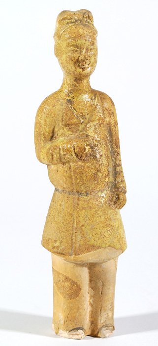 Chinese Tang Dynasty Figure: Straw colored, glazed figure. Probably Hunan province 750-800 AD. Original block line decoration, court attendant to a prince or a member of a prince’s family. Private Collection. Size 8.5.