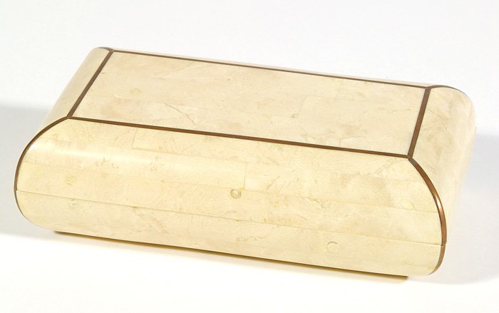 Maitland Smith: Marble and Brass inlaid box, suede interior. 9L x 5W x 3H