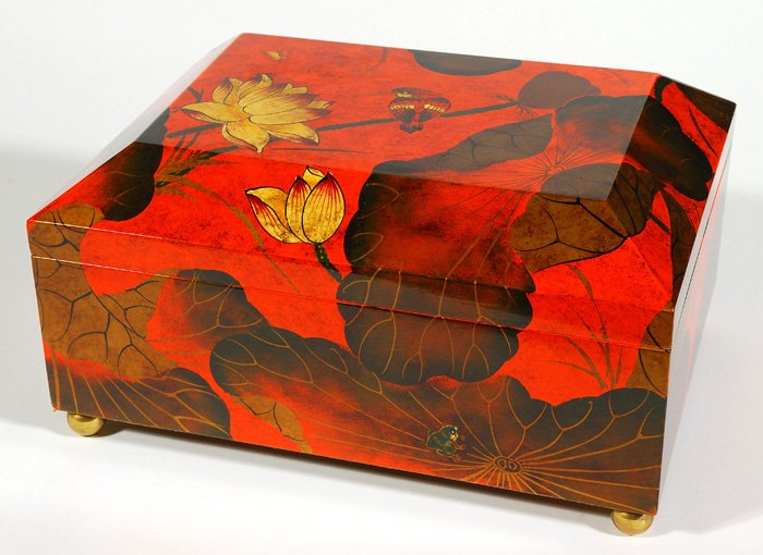 Maitland Smith: Large Lacquered box, floral, birds, frog, and other decoration. Brass, Round brass feet. 15L x 11W x 8H