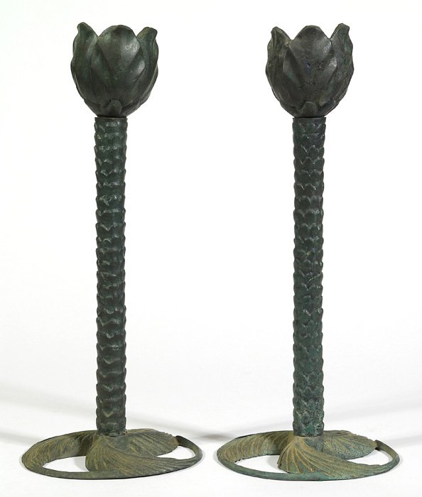 Maitland Smith: Pair of bronze candlesticks with tulip head holders and braided stems. Three leaved circular base. Size 15"H.