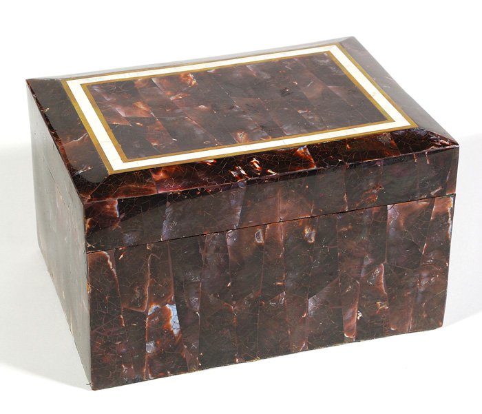 Maitland Smith: Tortoise shell, Mica, and brass inlaid box. Great individual box, various uses. 8.5 x 6.5 x 5