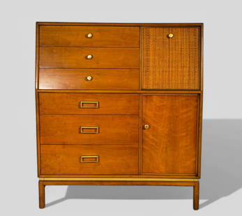 MCM Kipp Stewart "Suncoast" Gentleman's Chest, Model #420: MCM Kipp Stewart "Suncoast" Gentleman's Chest, Model #420, Drexel, USA, 1958. Six drawers, one door and drop front door. Manufacturer's mark to drawer. Walnut and brass aluminum base. 40w x 18d x 45 3