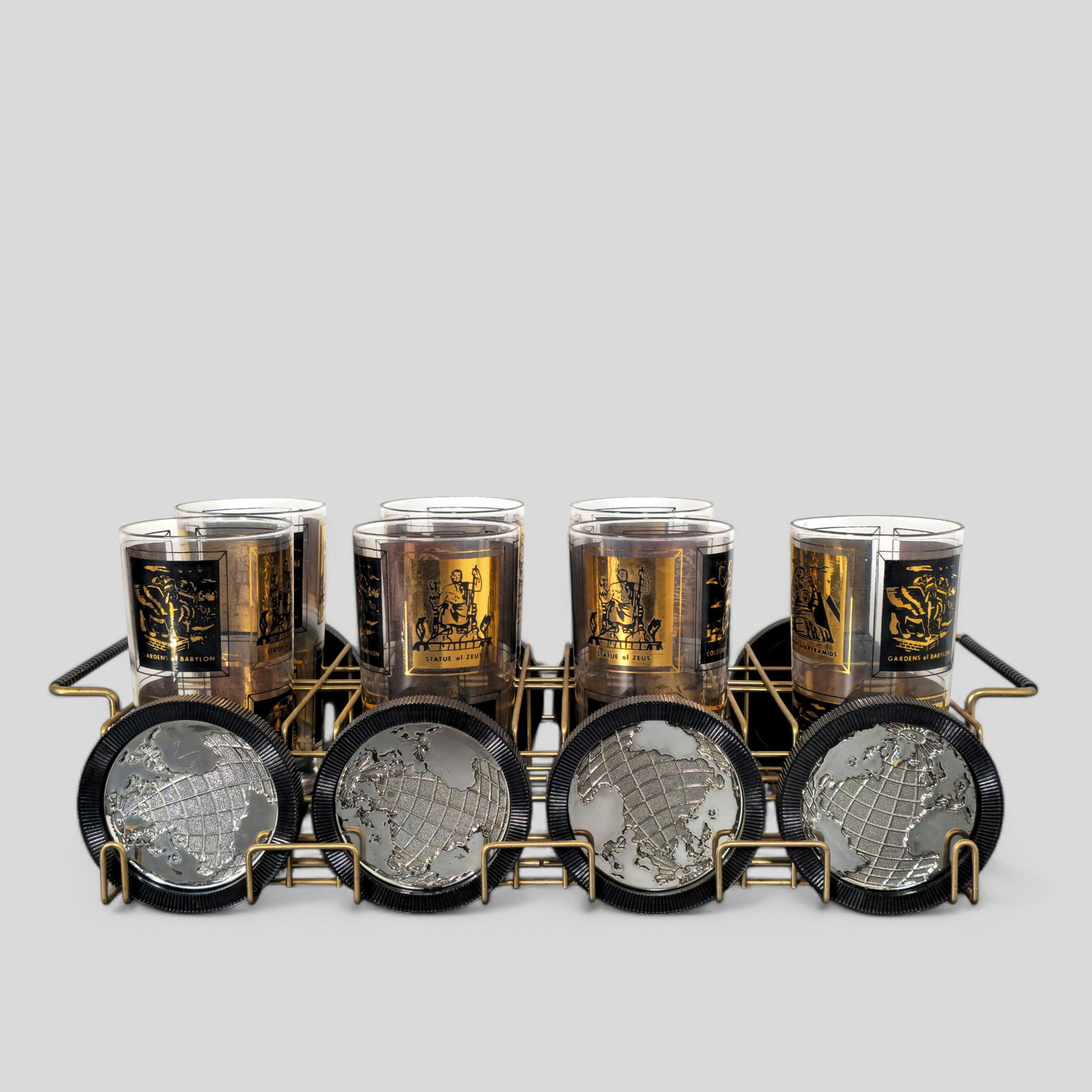 Frank Maietta Seven Wonders of the World Glasses, Coasters & Original Holder (1 of 7)