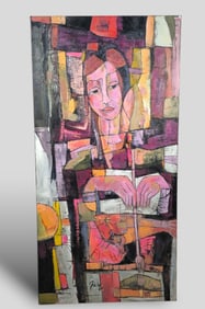 Douglas Fiely (20th Century) Oil, Cubist Lady with a Fish and Fork