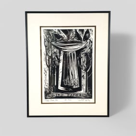 Douglas Fiely (20th Century)(USA) Woodcut Print, "Bird Bath"