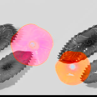 Stan Migdal Art Glass Wall Sculptures: Stan Migdal Art Glass Wall Sculptures. Hand created blown glass flower sculptures. Each have incised signature and dated 2010. Pink- 13 1/2w x 4 1/2d x 13 1/2h Orange- 12 1/4w x 3 1/2d x 12h