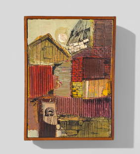 Sheila Bonser (20th Century, Dayton) Mixed Media: Collage, acrylic and found objects on canvas, untitled. Interesting deconstruction scene with moon. Signed lower right. Sight- 14 1/8 x 10 1/8 Frame- 14 7/8 x 10 3/4